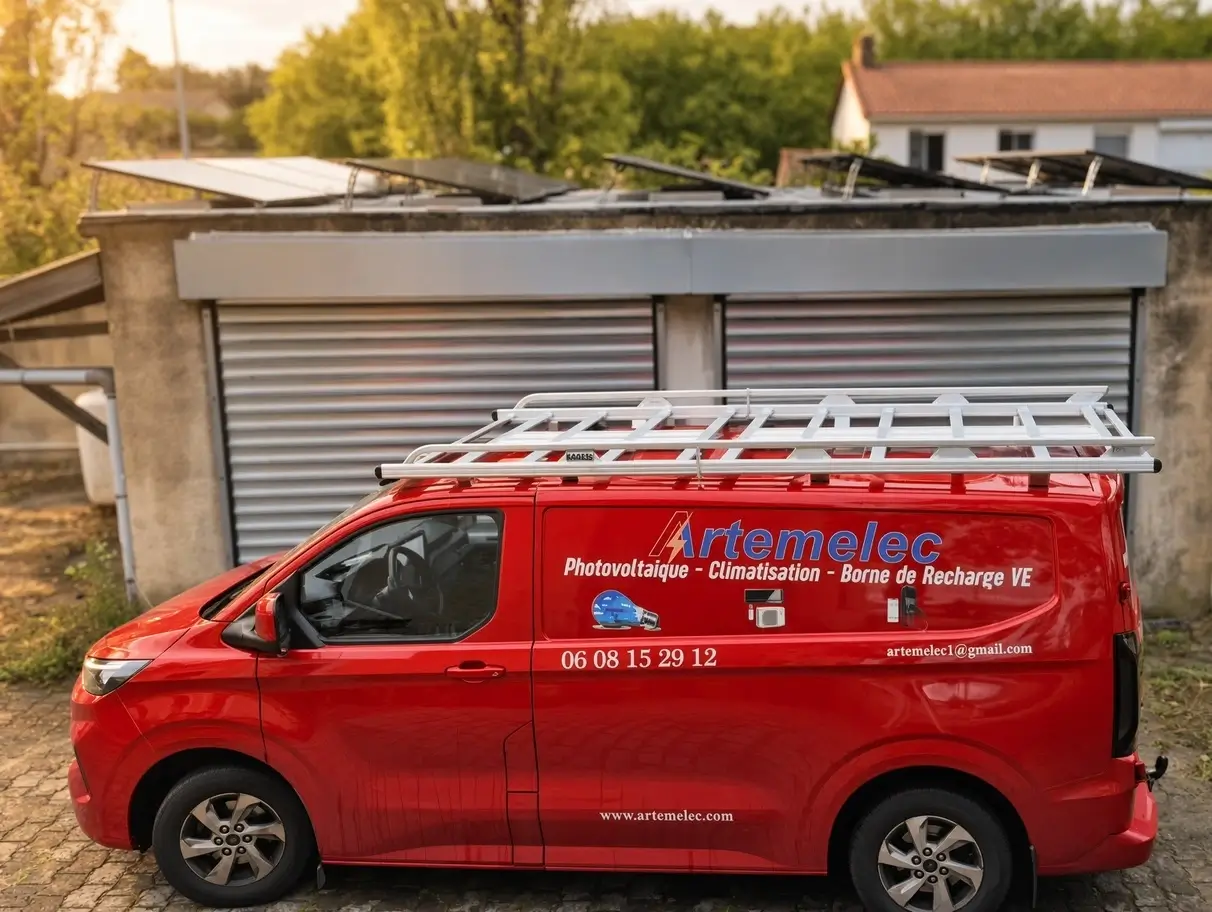 Le fourgon ARTEMELEC devant une installation photovoltaïque, à Valence