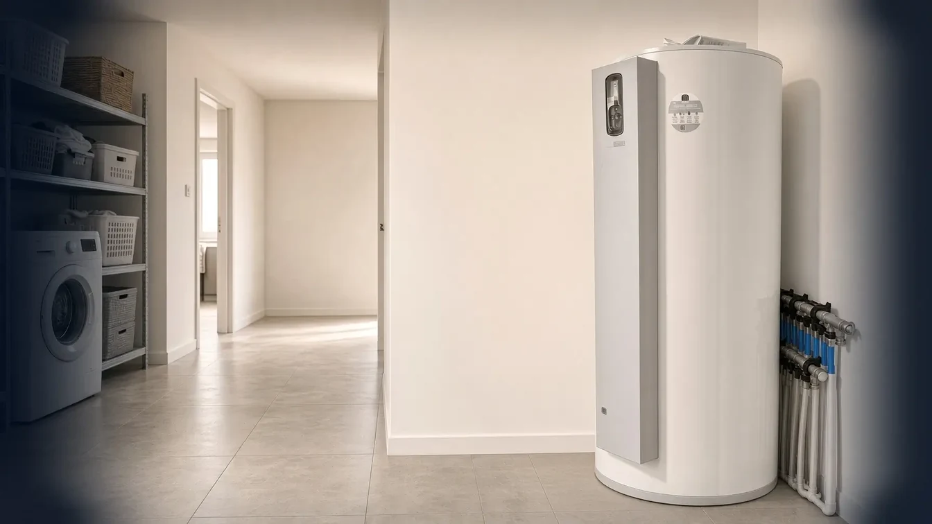 Chauffe-eau thermodynamique installé dans une buanderie, le capot de la pompe à chaleur au-dessus du ballon et le collecteur de distribution à côté
