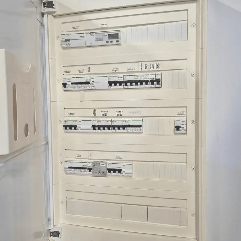 Tableau électrique ouvert, disjoncteurs et protections d’une installation de maison