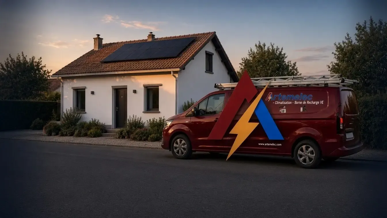 Fourgon ARTEMELEC devant une maison équipée de panneaux photovoltaïques, près de Valence