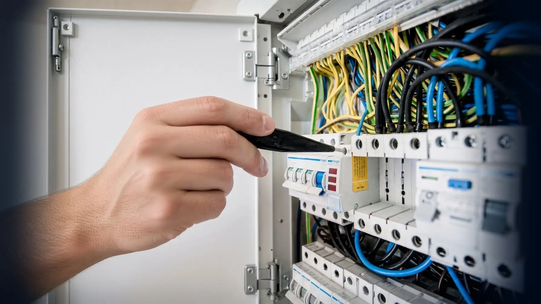 Électricien raccordant un disjoncteur dans un tableau électrique en cours de rénovation